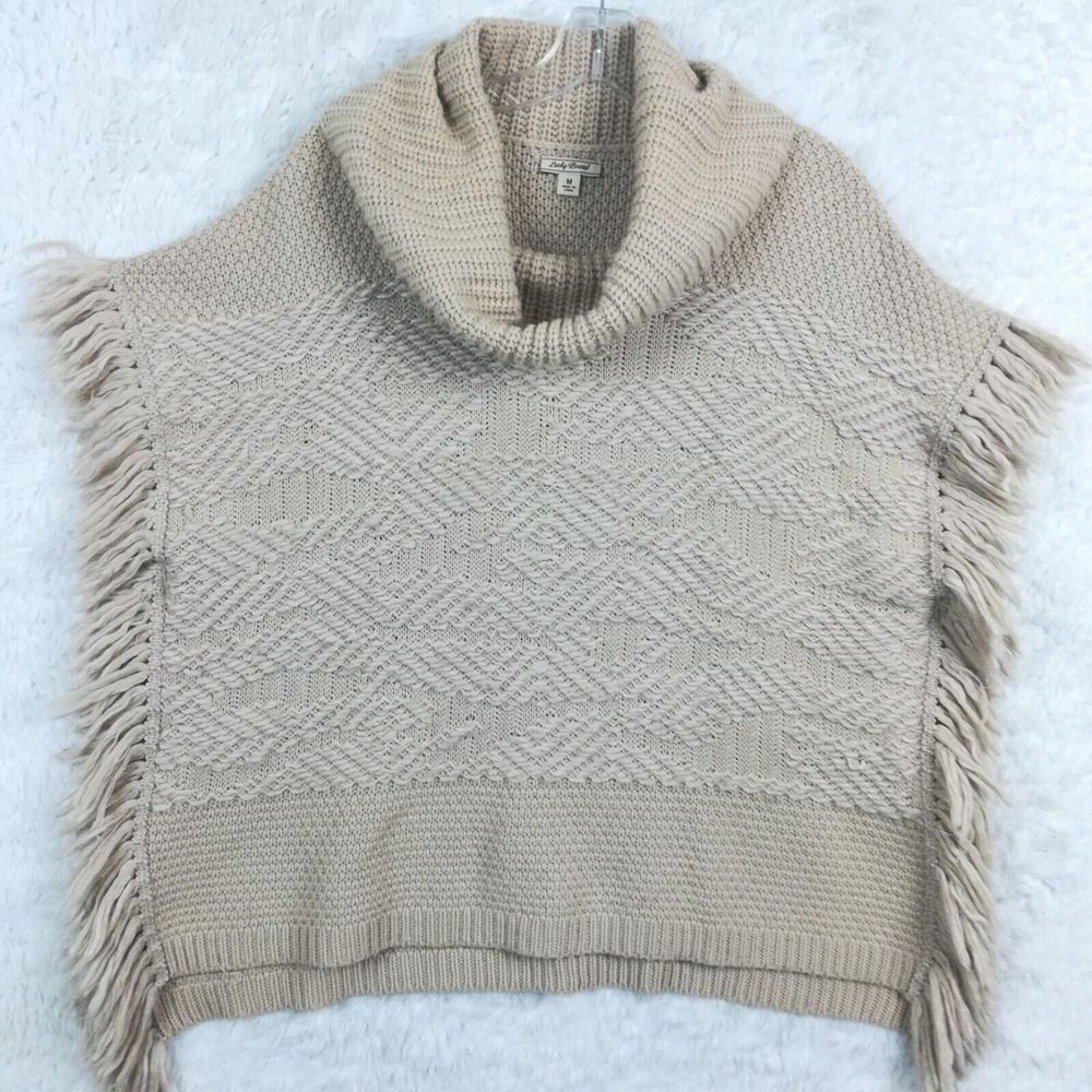 Lucky Brand Womens Poncho Wool Alpaca Shawl Boho Knit Tan Sweater Fringe M
